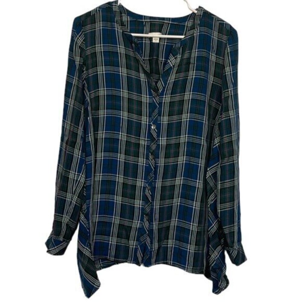 Women's J Jill Blue Plaid Casual V-Neck Button Down Shirt Size Med EUC #CA-2418